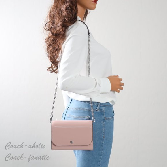 NWT Tory Burch Emerson Chain Wallet Patent Leather Crossbody in Clay Pink - Picture 2 of 9